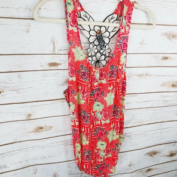 Free People Top Size S Floral Racerback Sleeveless Scoop Side Ties Coral Pink - Picture 2 of 8